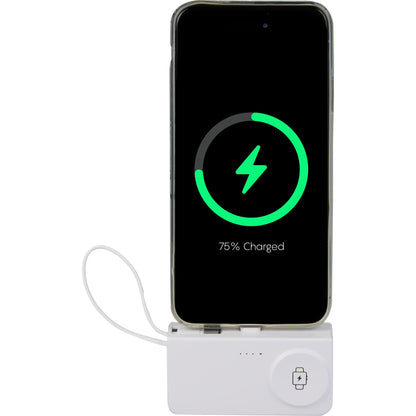 Front View of White Hue Plus 5000 mAh Power Bank with Watch Charger plain