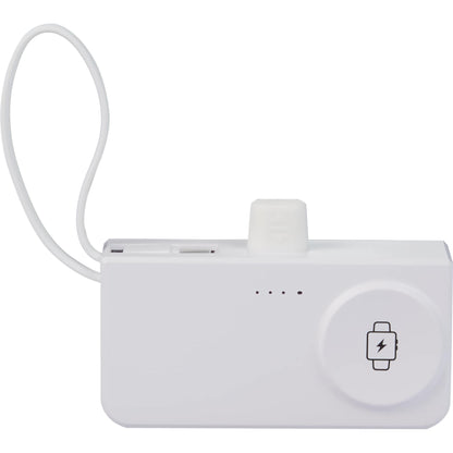 Front View of White Hue Plus 5000 mAh Power Bank with Watch Charger plain