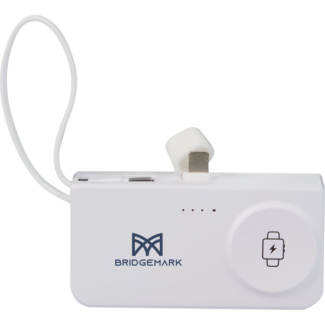 Front View of White Hue Plus 5000 mAh Power Bank with Watch Charger