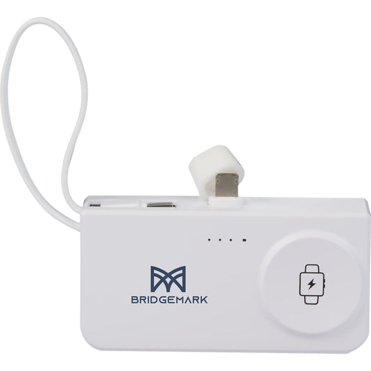 Front View of White Hue Plus 5000 mAh Power Bank with Watch Charger
