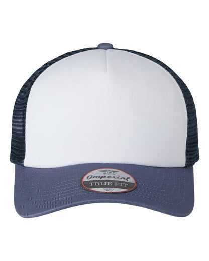 Front View of White/ Indigo/ Dark Navy North Country Trucker Cap - 1287