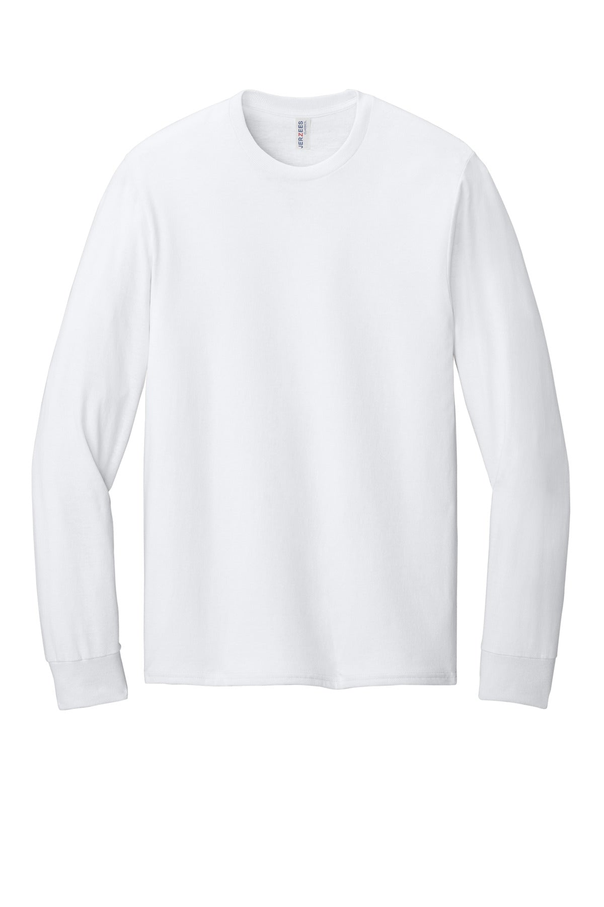 Front View of White Jerzees Classics Unisex Cotton Long Sleeve T-Shirt 363L