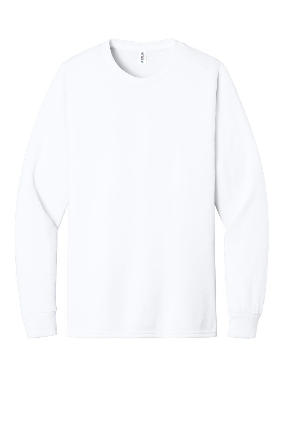 Front View of White Jerzees Dri-Power 100% Polyester Long Sleeve T-Shirt 21LS