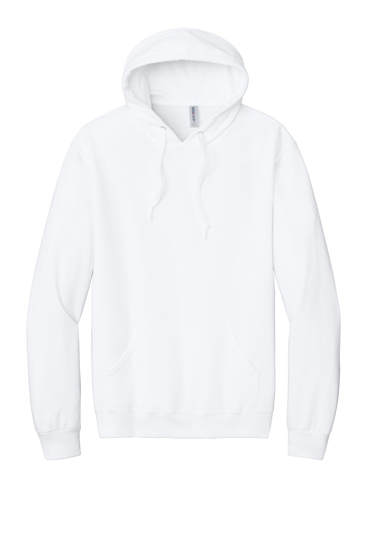 Front View of White Jerzees Ultimate Unisex CVC Ring Spun Hooded Sweatshirt IC49M