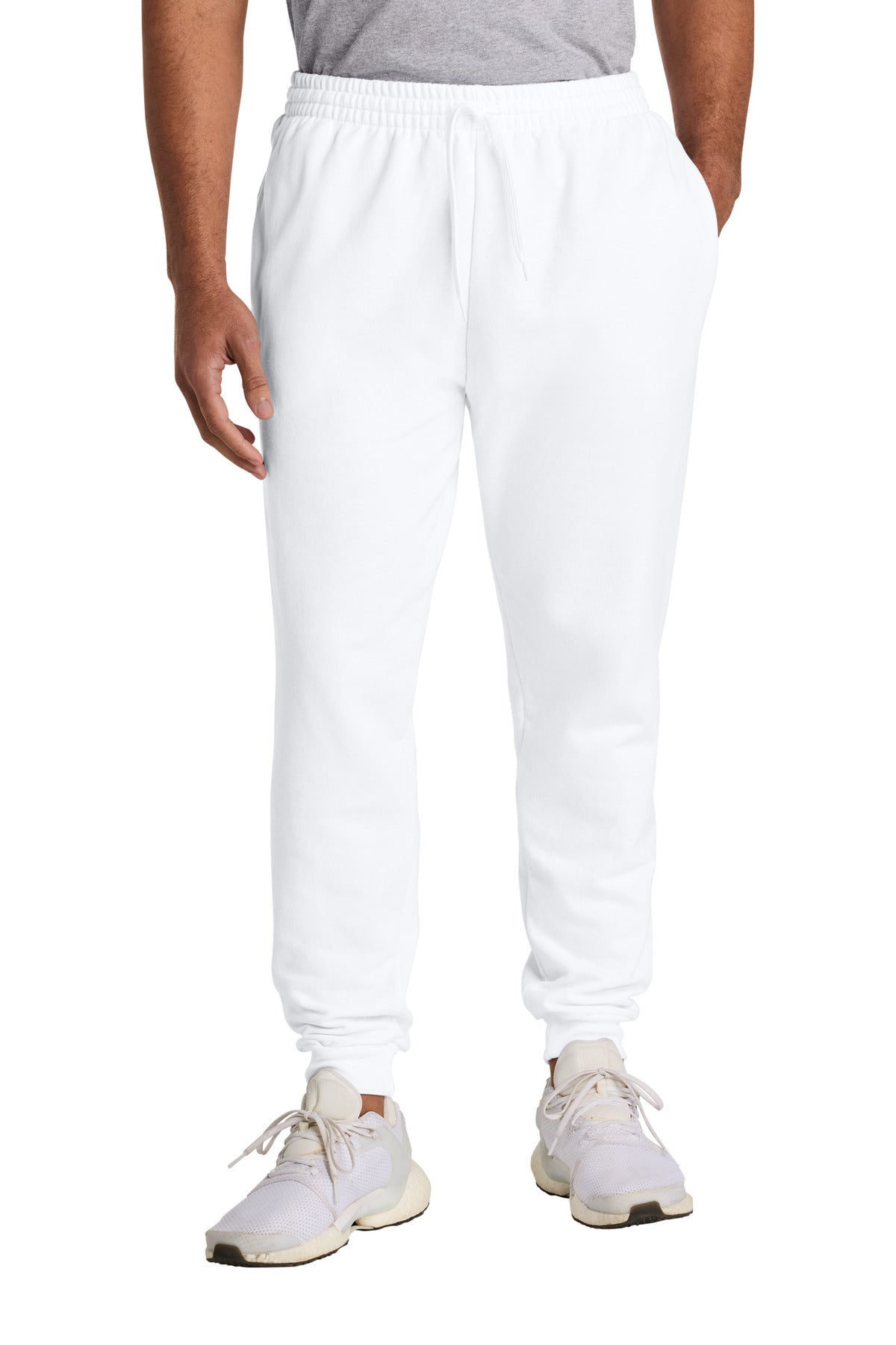 Front View of White Jerzees Ultimate Unisex CVC Ring Spun Pocket Jogger IC50M