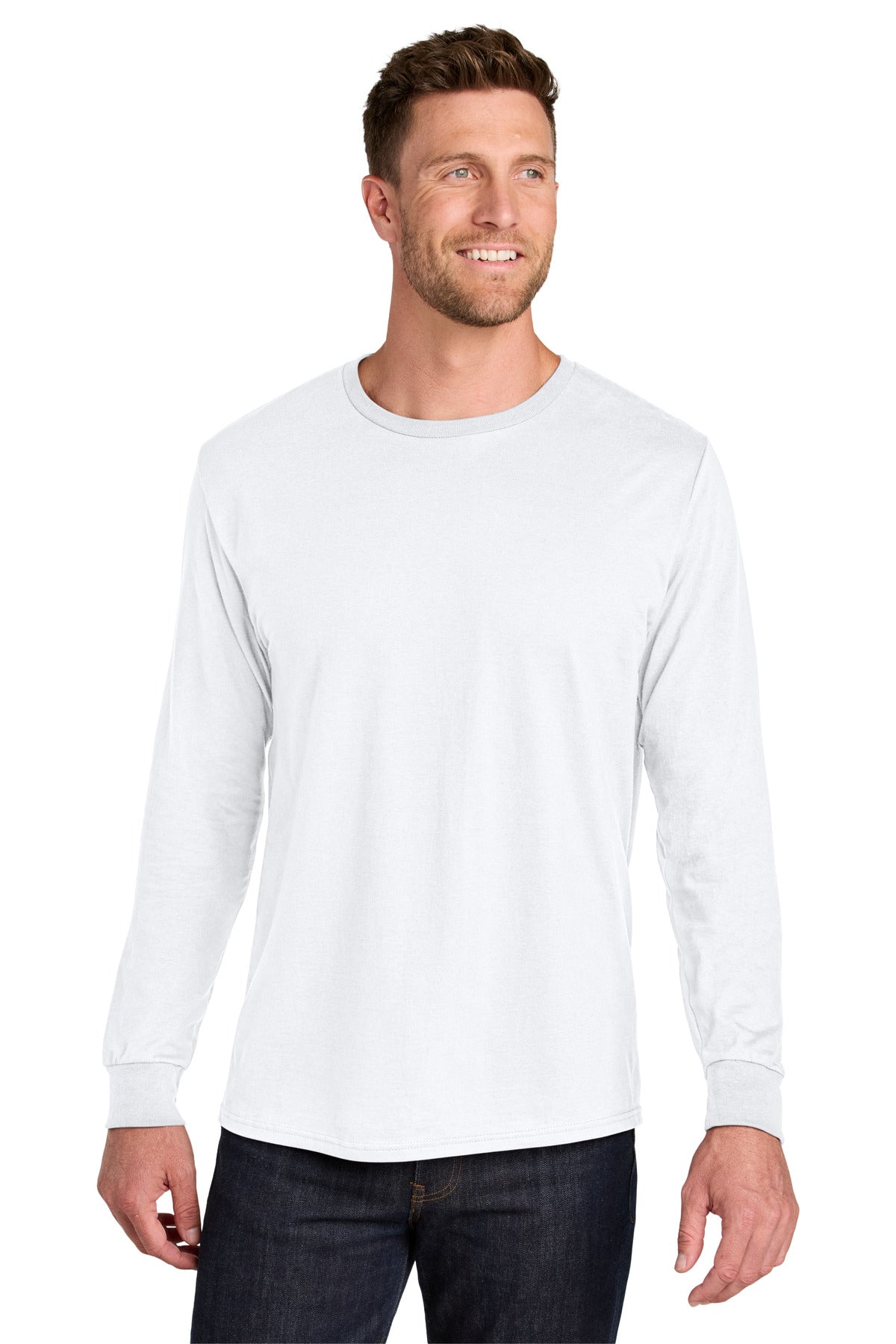 Front View of White Jerzees Ultimate Unisex Ring Spun Long Sleeve T-Shirt IC46L