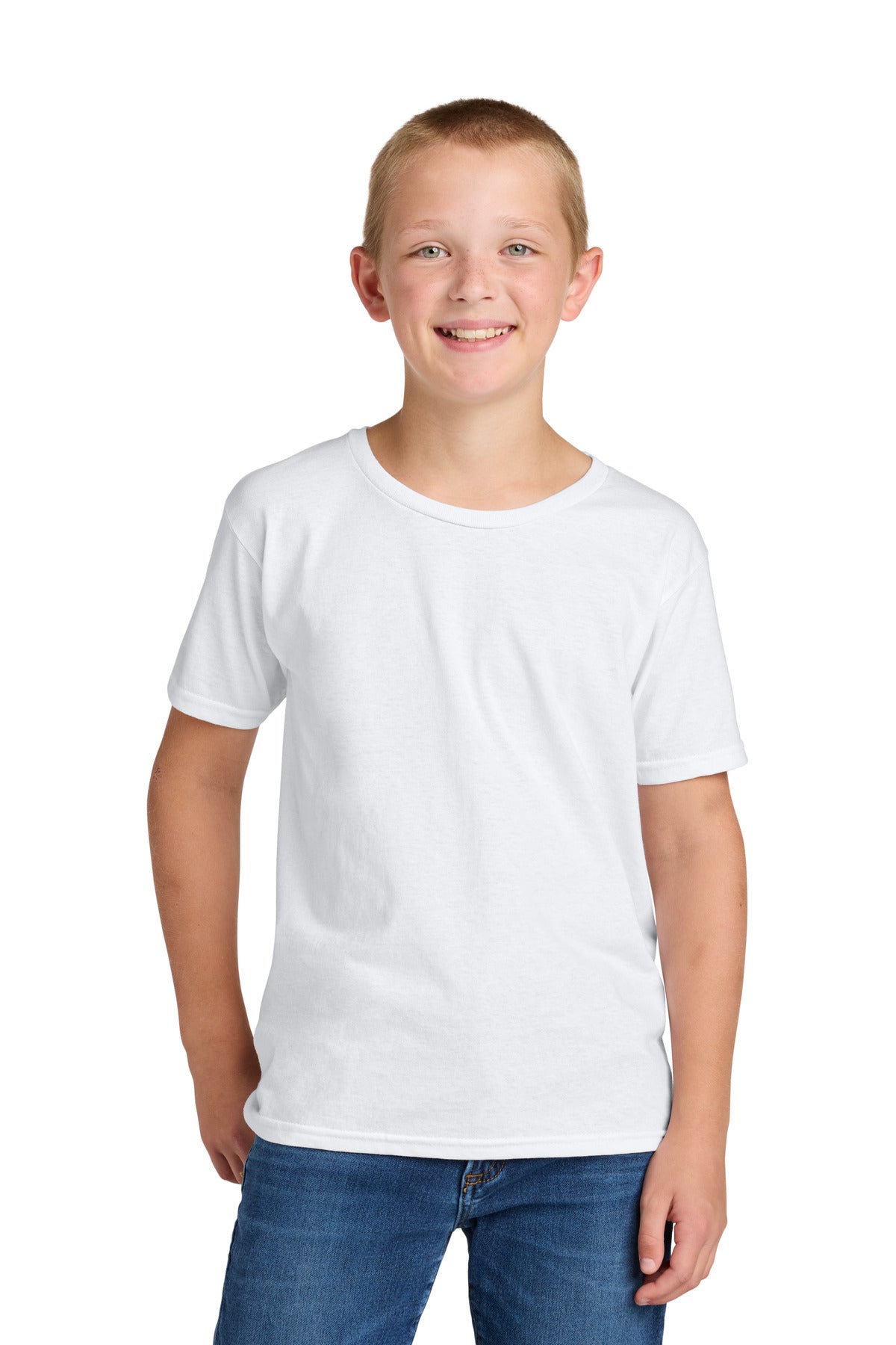 Front View of White Jerzees Ultimate Youth Ring Spun T-Shirt IC46B
