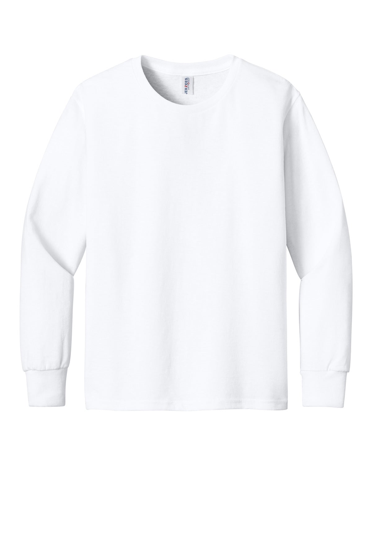 Front View of White Jerzees Youth Dri-Power 50/50 Cotton/Poly Long Sleeve 29BL