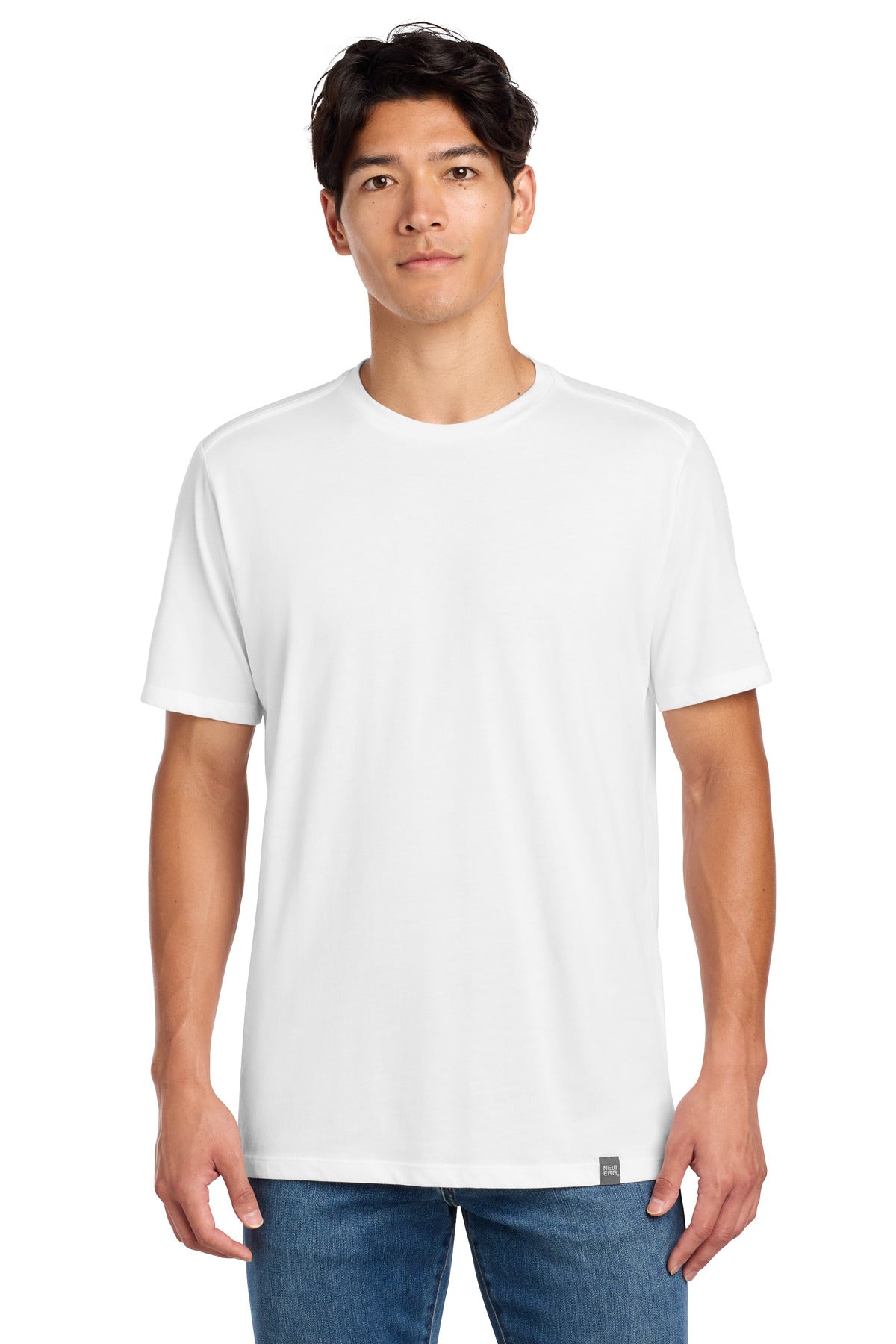 Front View of White New Era Heritage Blend Crew Tee. NEA100