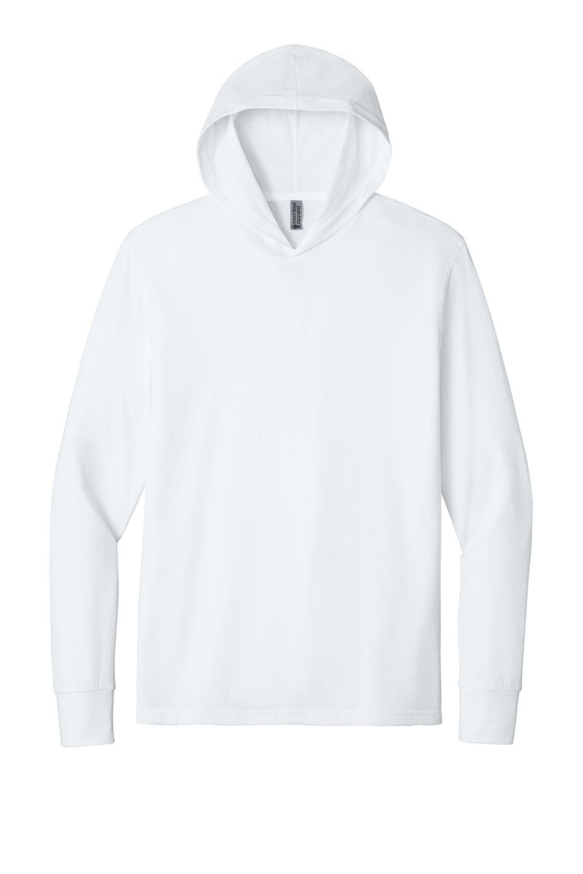 Front View of White Next Level Apparel CVC Long Sleeve Hoodie NL6221