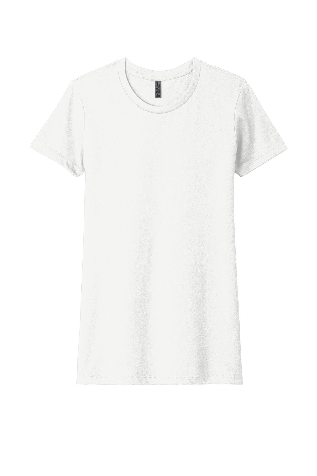 Front View of White Next Level Apparel Women's CVC Tee. NL6610