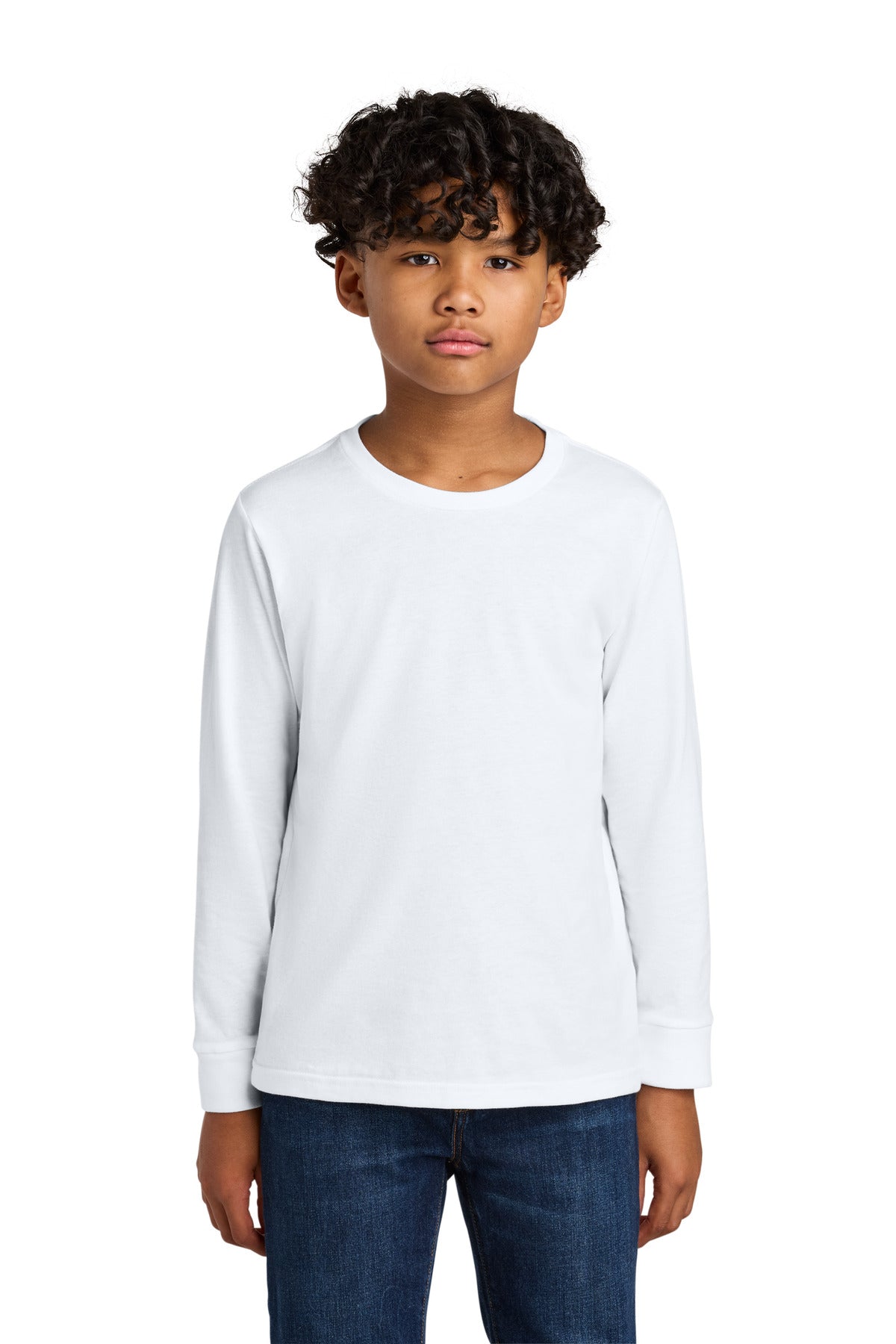 Front View of White Next Level Apparel Youth Cotton Long Sleeve Tee NL3311