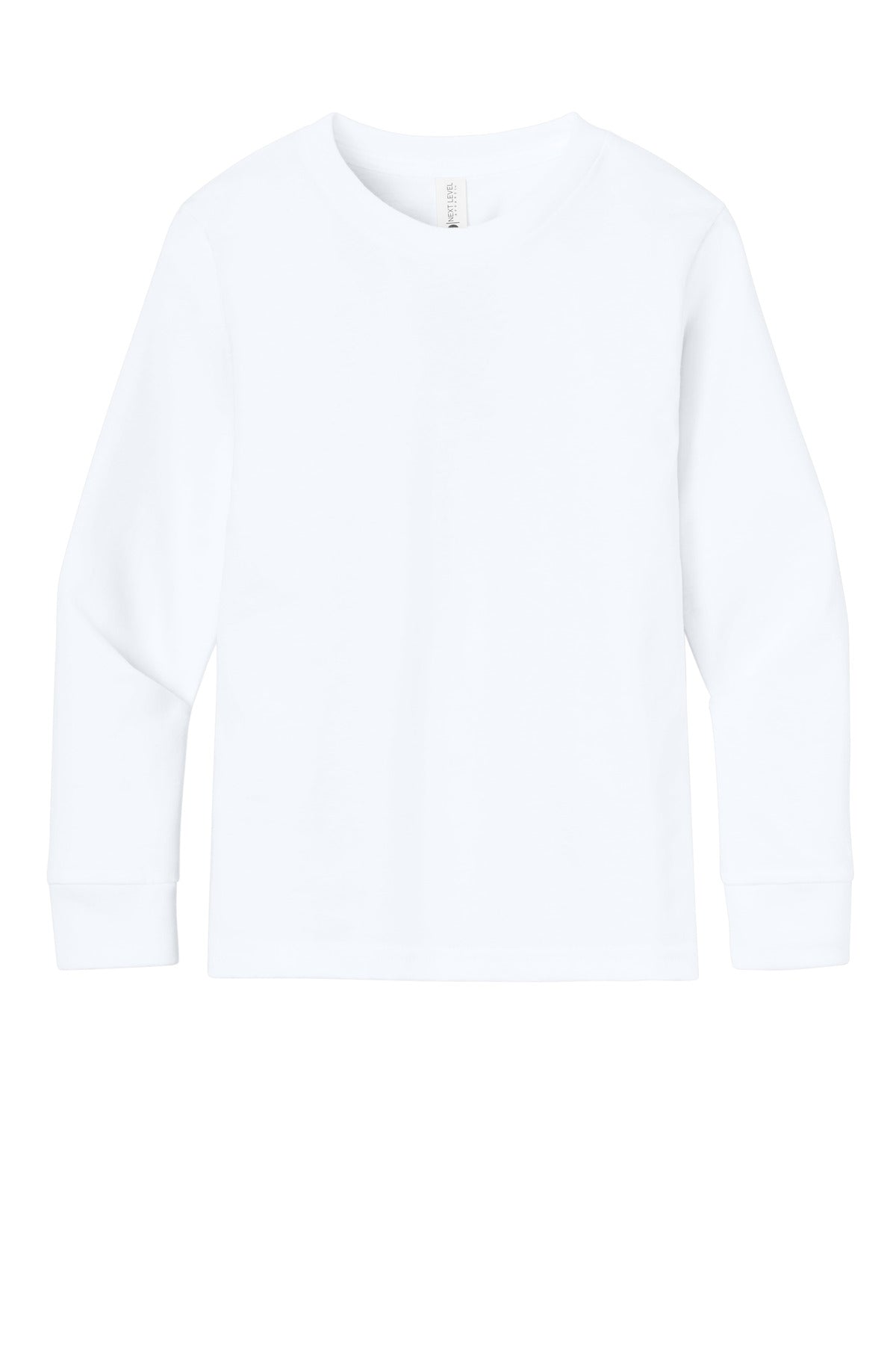 Front View of White Next Level Apparel Youth Cotton Long Sleeve Tee NL3311