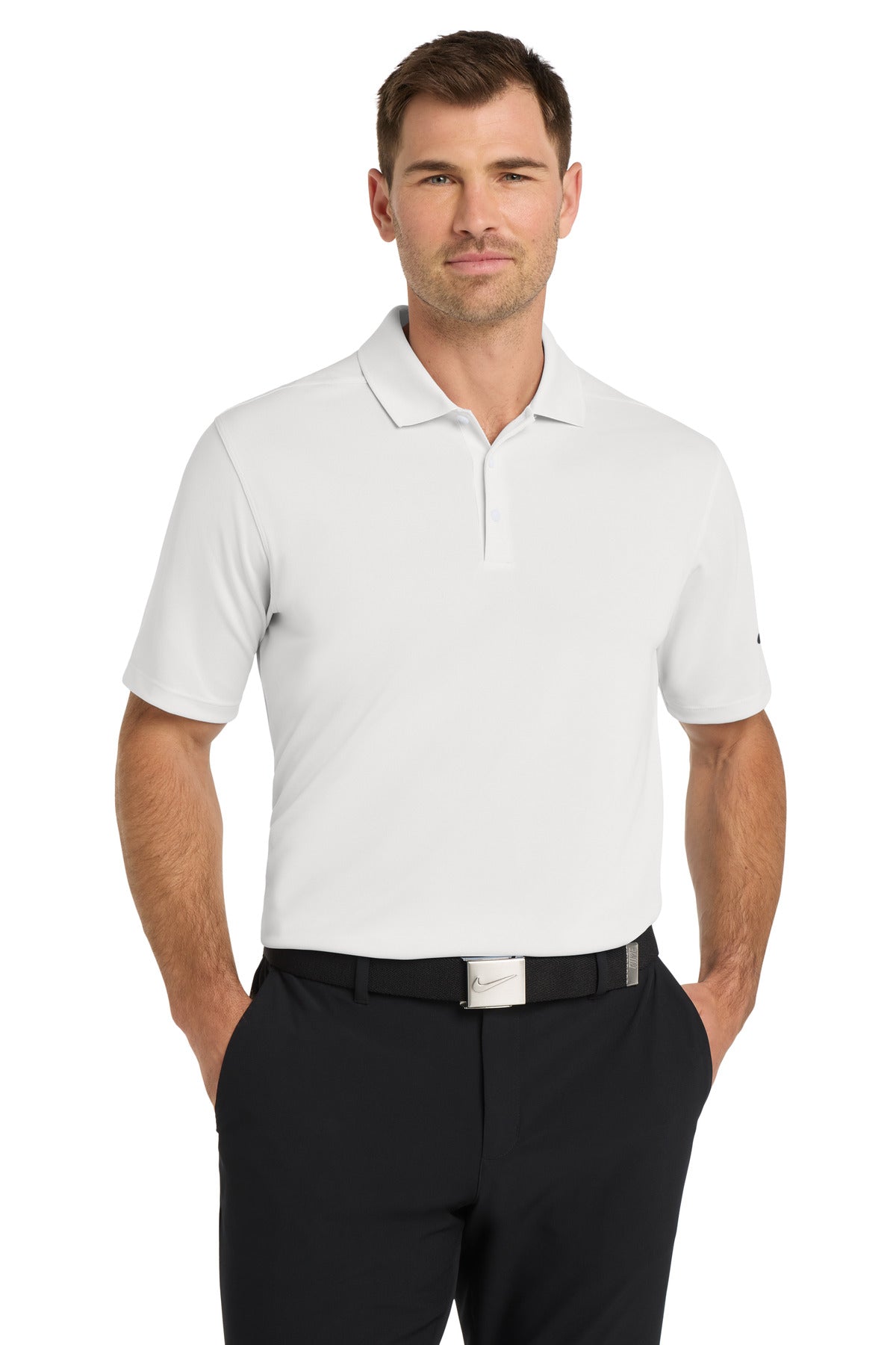 Front View of White Nike Dri-FIT Micro Pique 2.0 Polo NKDC1963