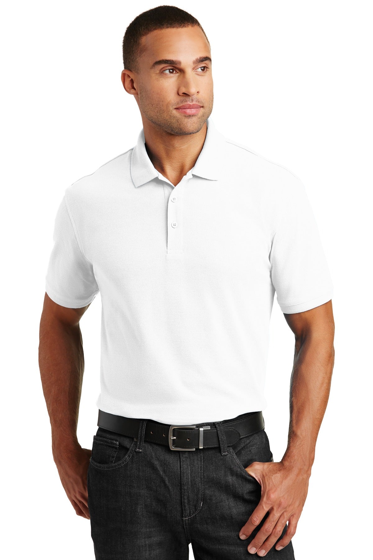 Front View of White Port Authority Core Classic Pique Polo. K100