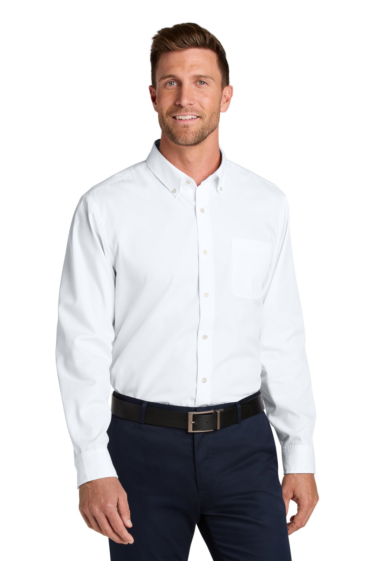 Front View of White Port Authority Long Sleeve Nailhead Easy Care Shirt W816