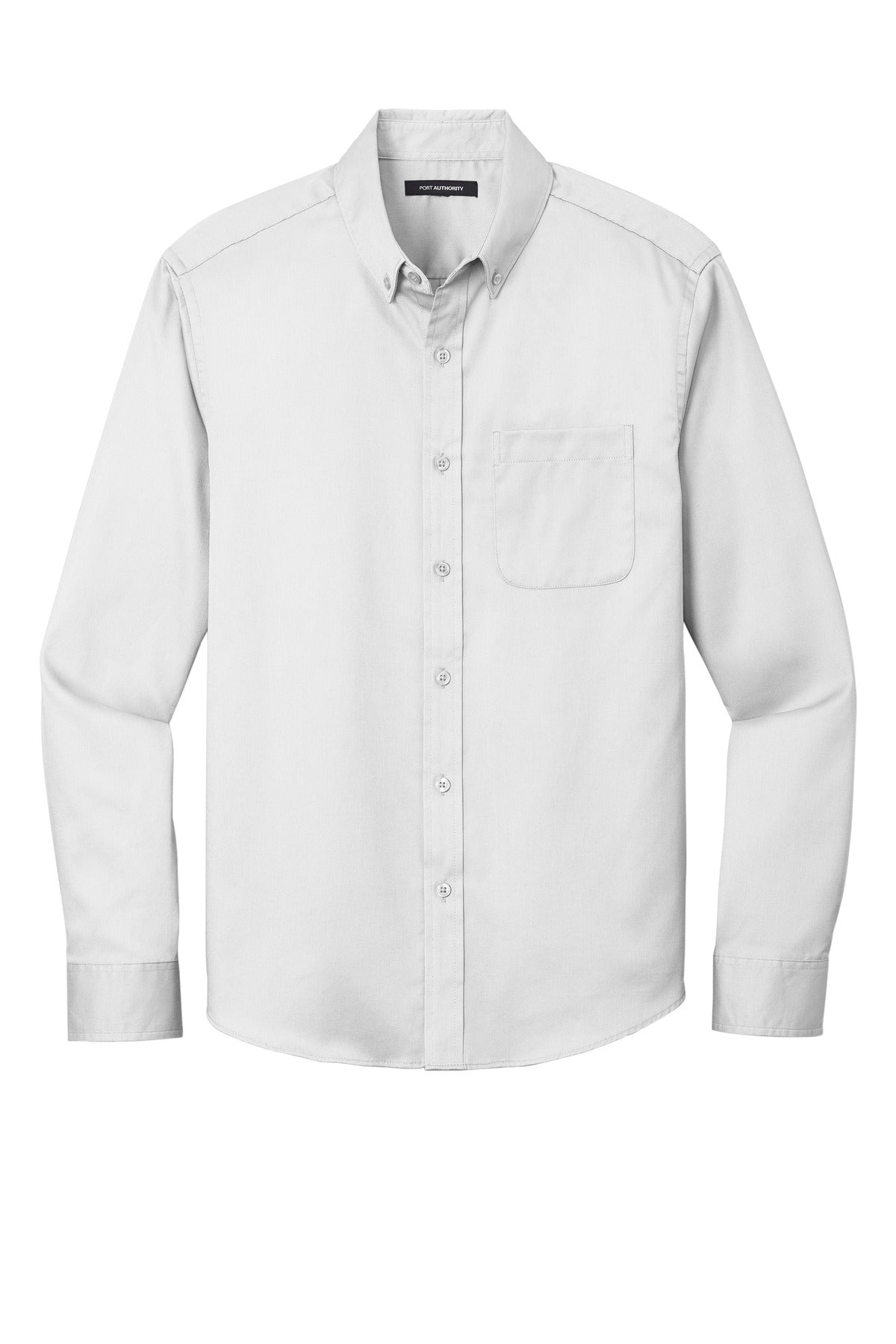 Front View of White Port Authority Long Sleeve SuperPro React Twill Shirt. W808
