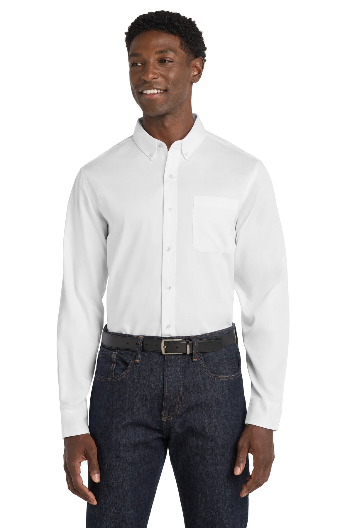 Front View of White Port Authority Long Sleeve SuperPro React Twill Shirt. W808