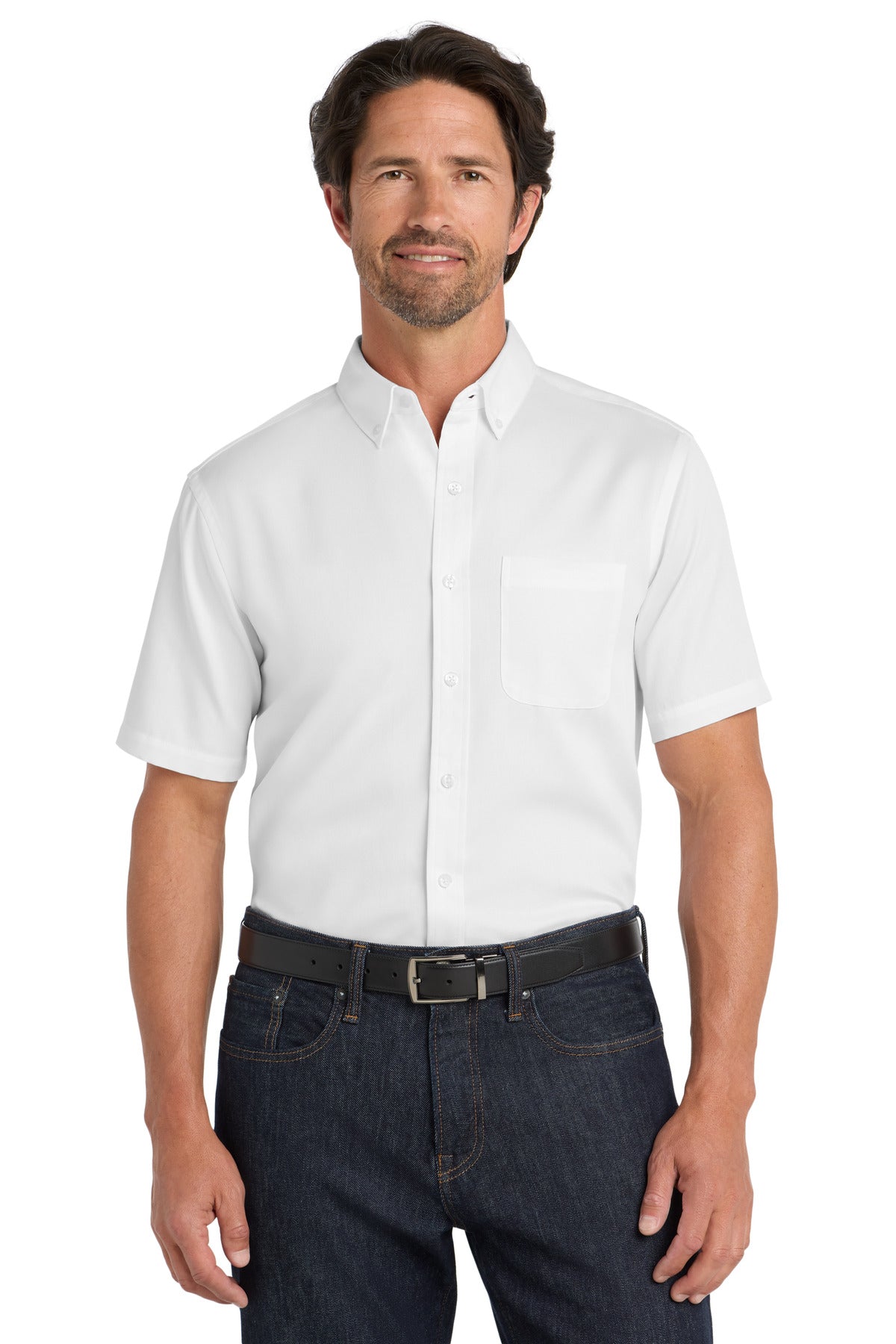 Front View of White Port Authority Short Sleeve SuperPro React Twill Shirt. W809