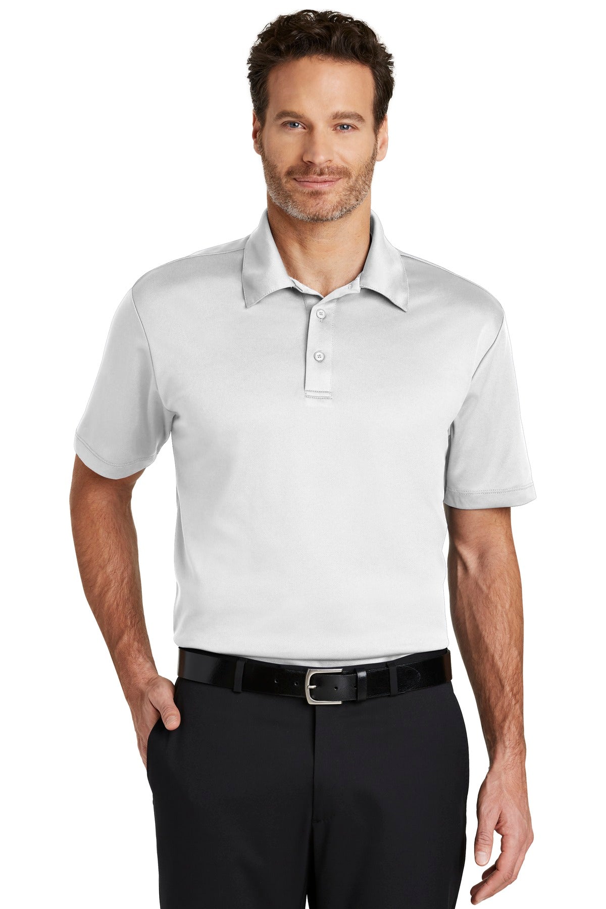 Front View of White Port Authority Silk Touch Performance Polo. K540
