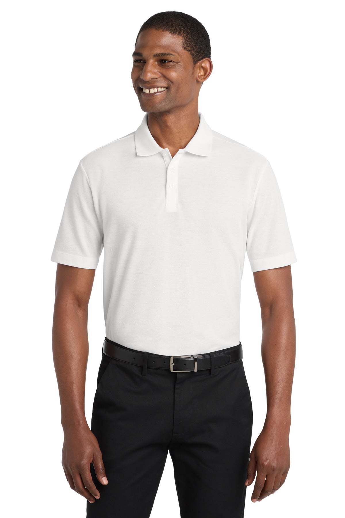 Front View of White Port Authority SuperPro React Polo. K810