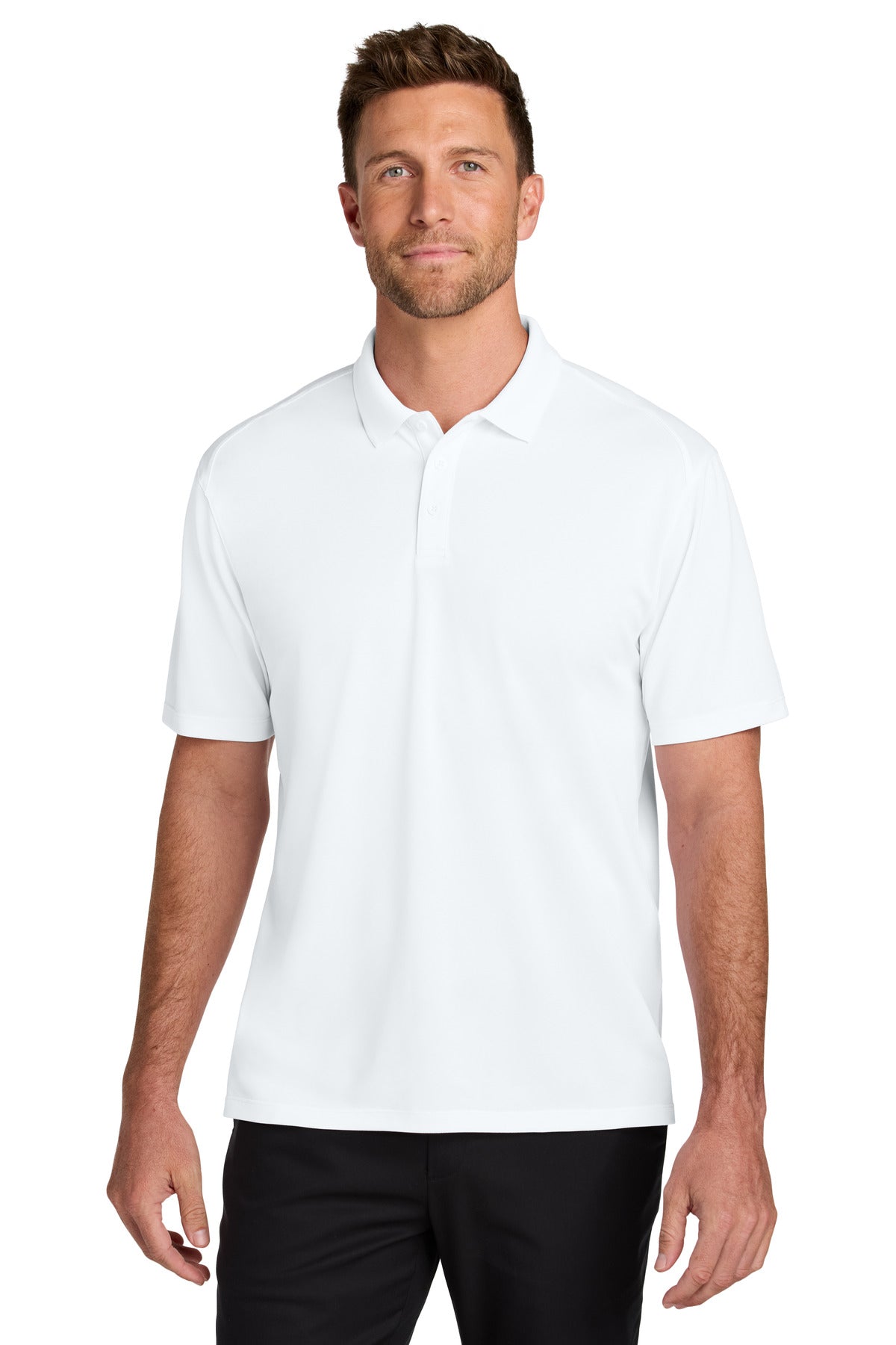 Front View of White Port Authority Wearever Performance Pique Polo K240