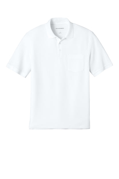 Front View of White Port Authority Wearever Signature Pique Pocket Polo K200P