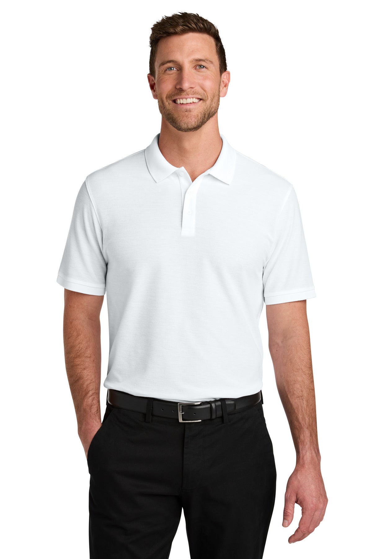 Front View of White Port Authority Wearever Signature Pique Polo K200