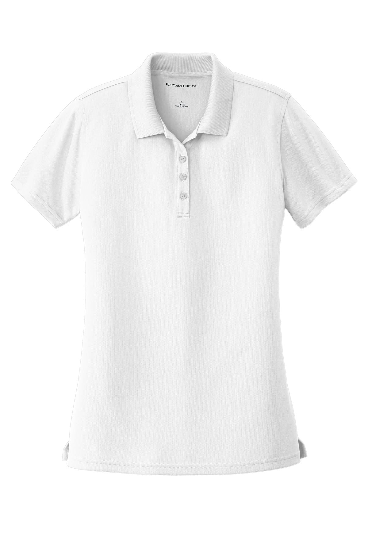 Front View of White Port Authority Women's Dry Zone UV Micro-Mesh Polo. LK110