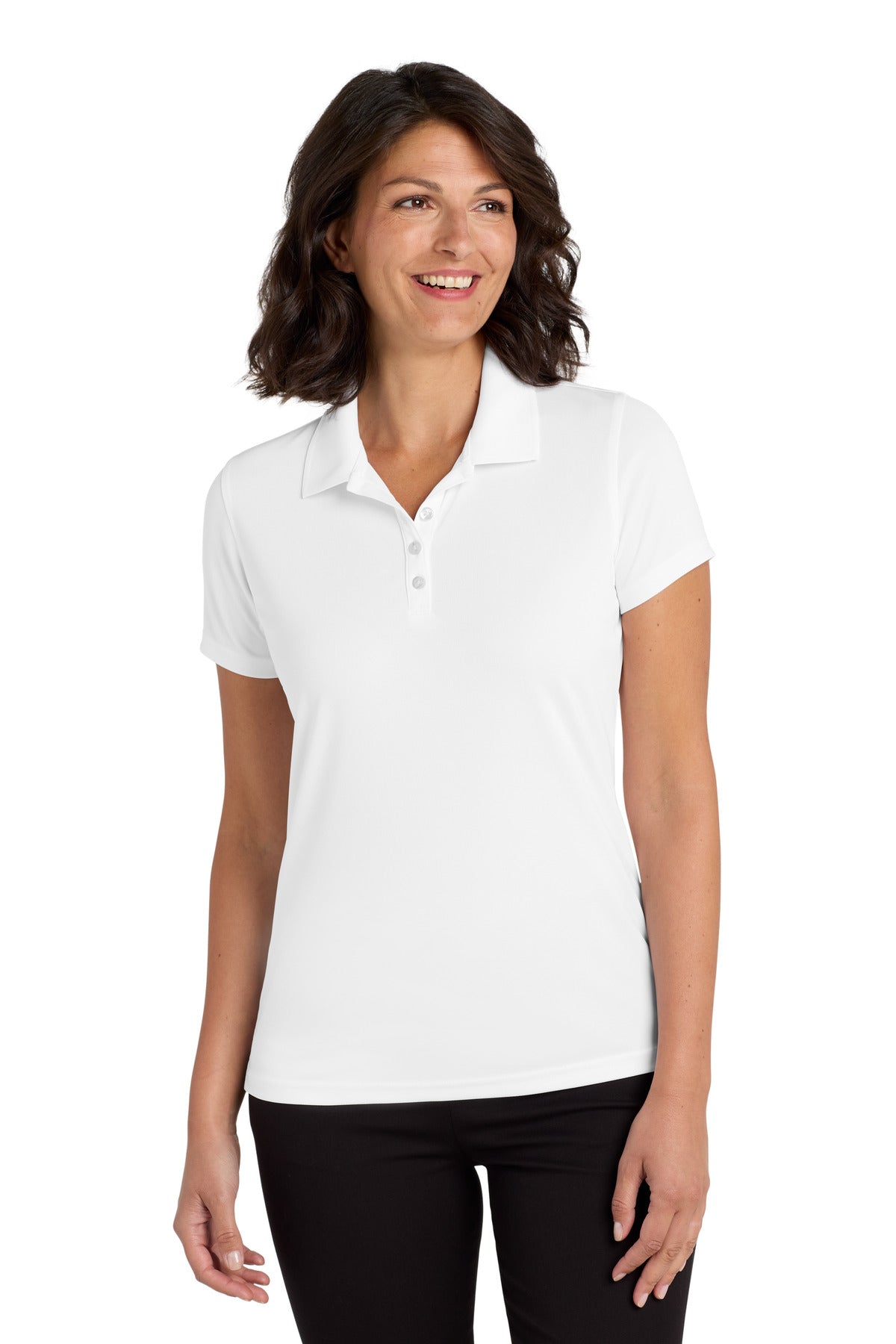 Front View of White Port Authority Women's Dry Zone UV Micro-Mesh Polo. LK110