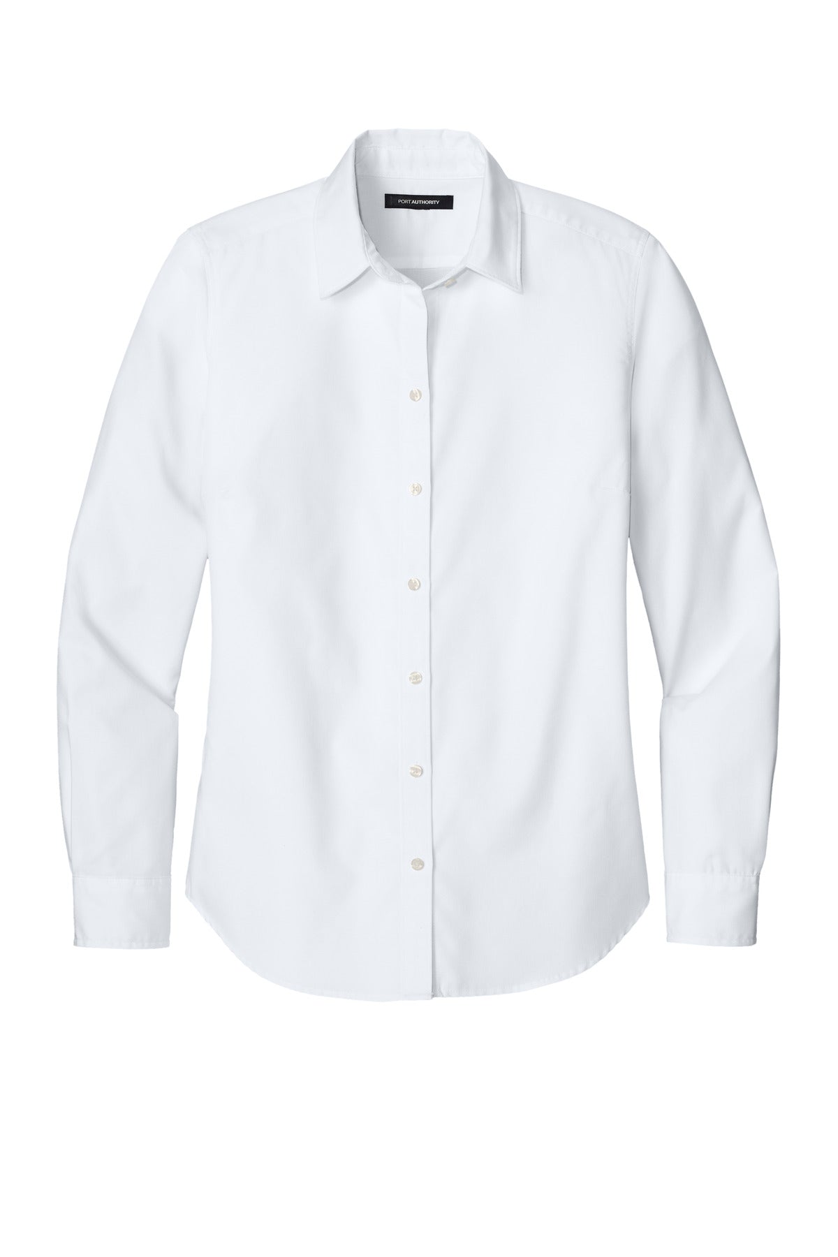 Front View of White Port Authority Women's Long Sleeve Nailhead Easy Care Shirt LW816