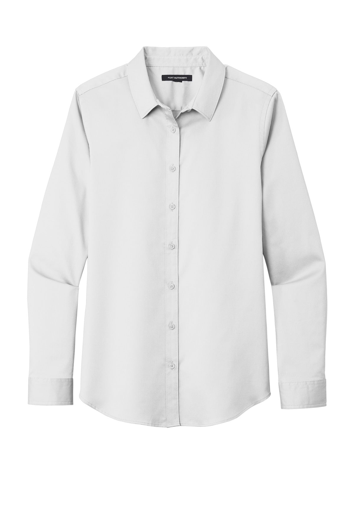 Front View of White Port Authority Women's Long Sleeve SuperPro React Twill Shirt. LW808