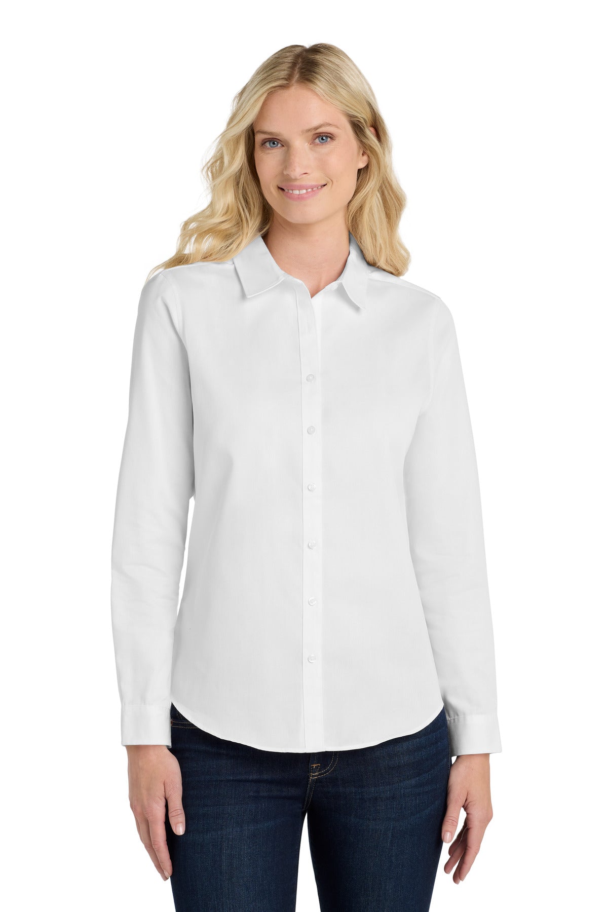 Front View of White Port Authority Women's Long Sleeve SuperPro React Twill Shirt. LW808