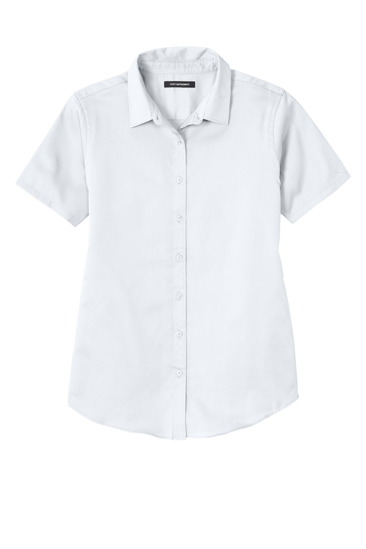 Front View of White Port Authority Women's Short Sleeve SuperPro React Twill Shirt. LW809