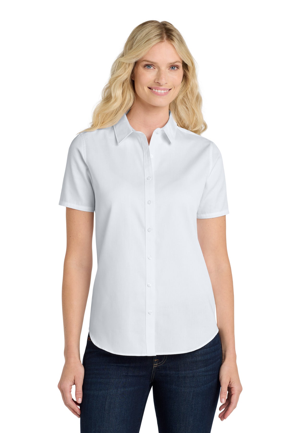 Front View of White Port Authority Women's Short Sleeve SuperPro React Twill Shirt. LW809