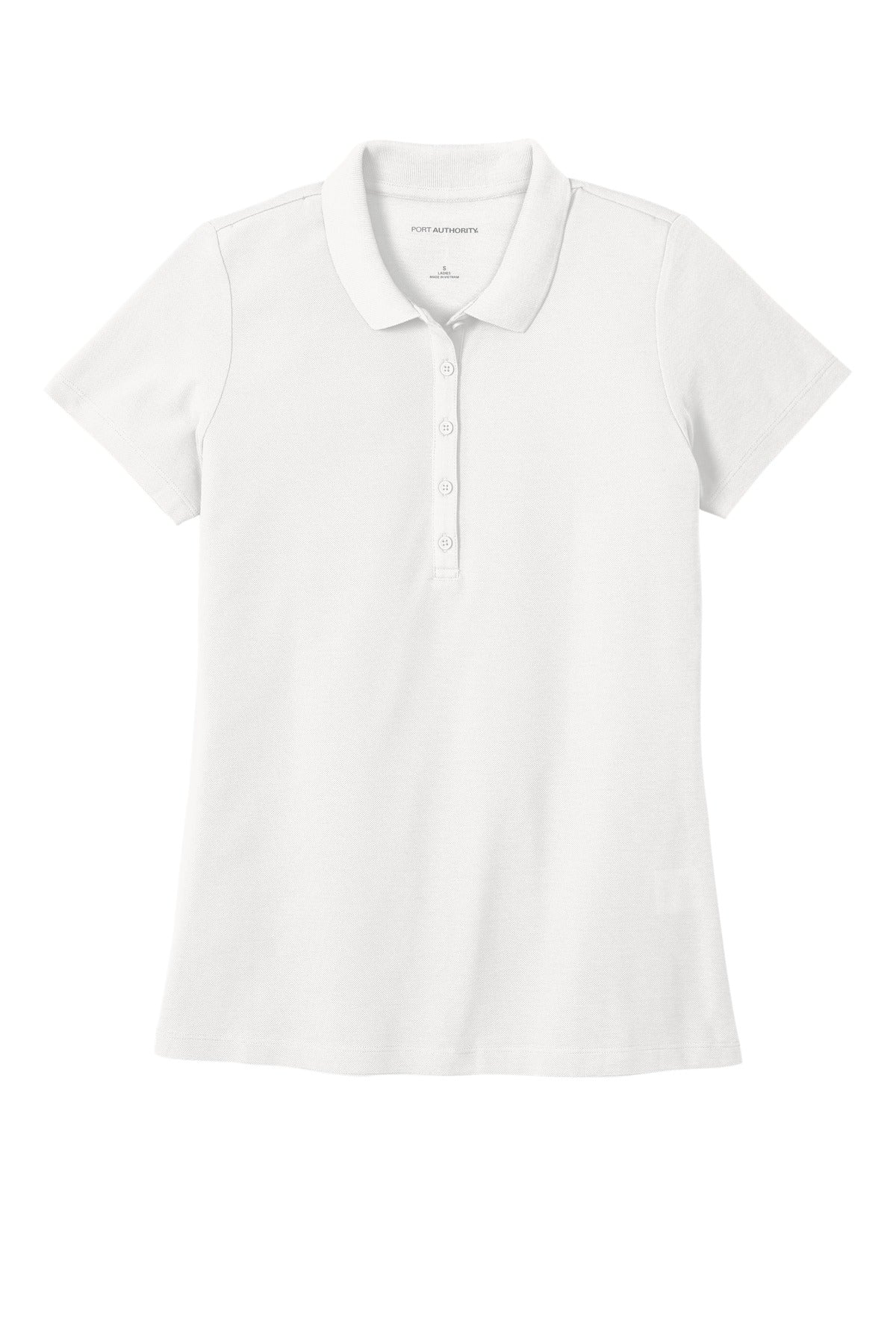 Front View of White Port Authority Women's SuperPro React Polo. LK810