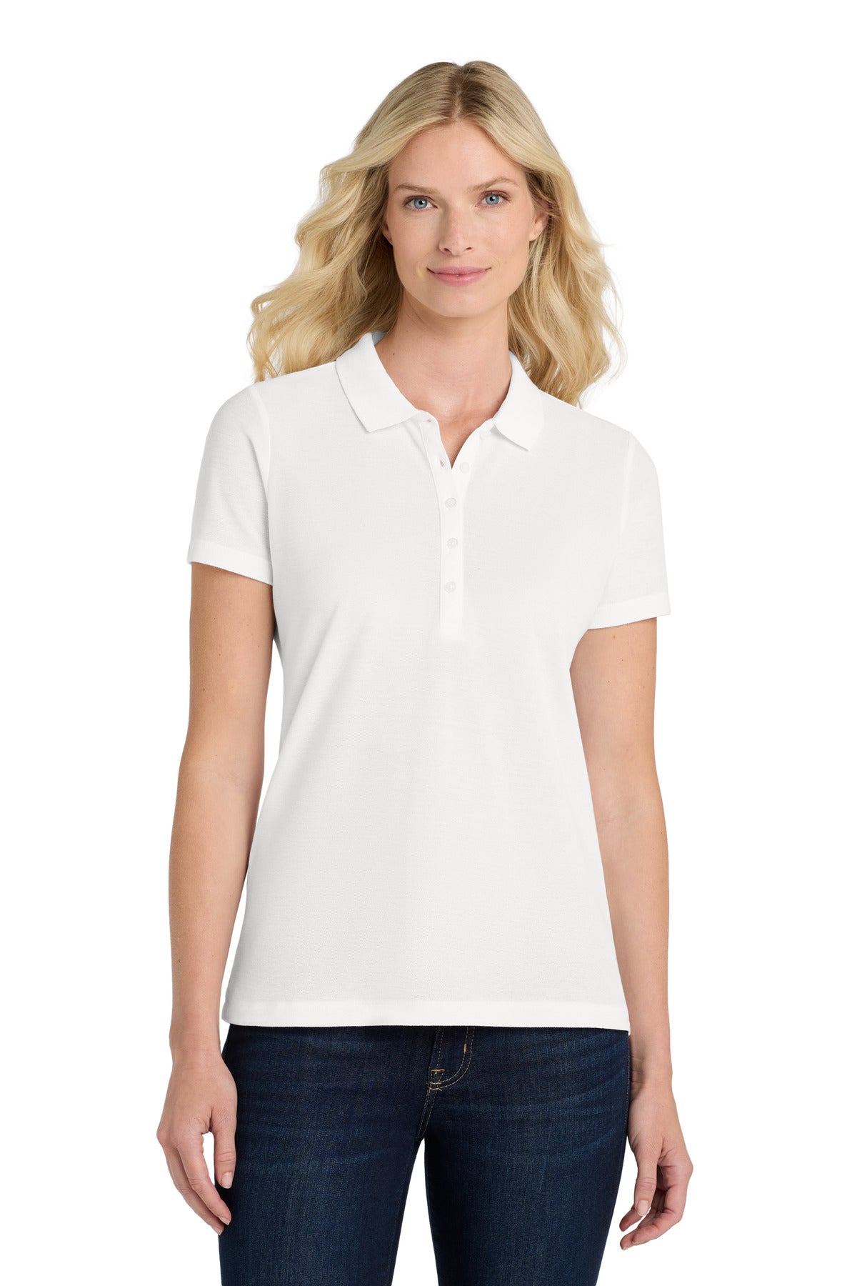 Front View of White Port Authority Women's SuperPro React Polo. LK810