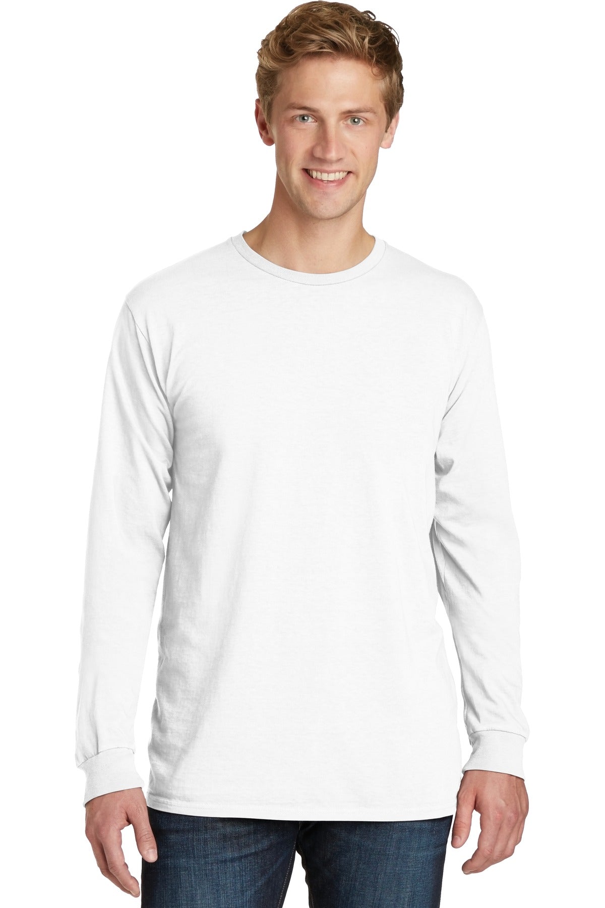 Front View of White Port & Co Beach Wash Garment-Dyed Long Sleeve Tee PC099LS
