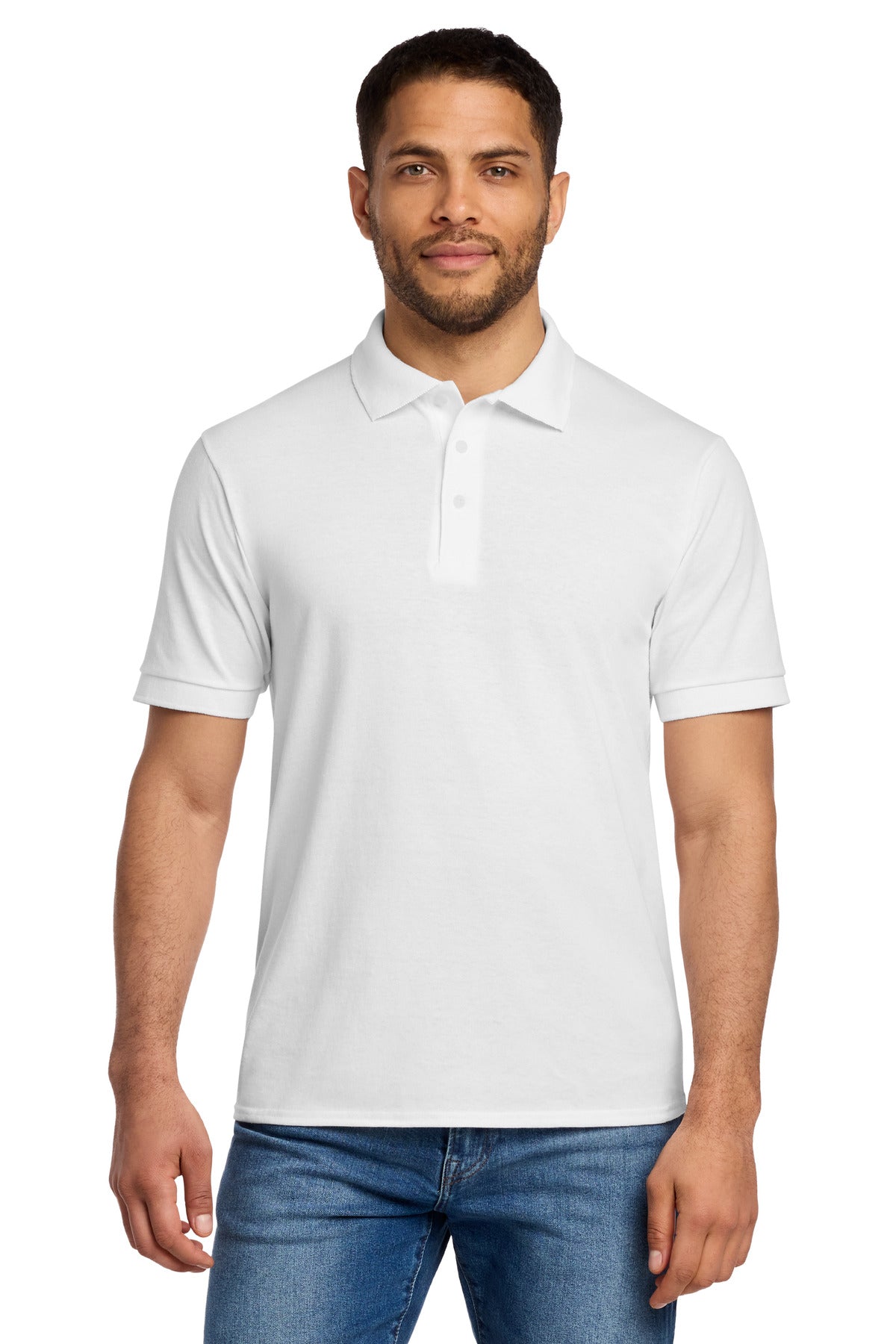Front View of White Port & Co Core Blend Jersey Knit Polo. KP55