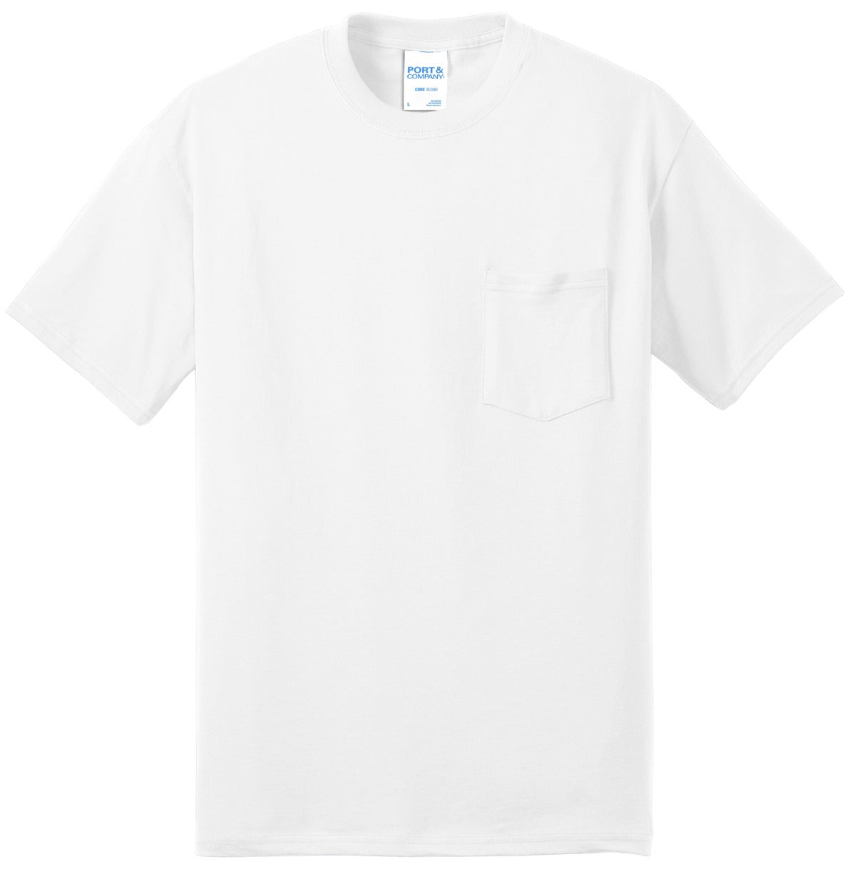 Front View of White Port & Co Core Blend Pocket Tee. PC55P