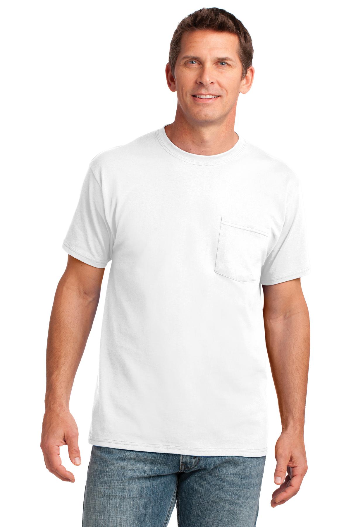 Front View of White Port & Co Core Cotton Pocket Tee. PC54P