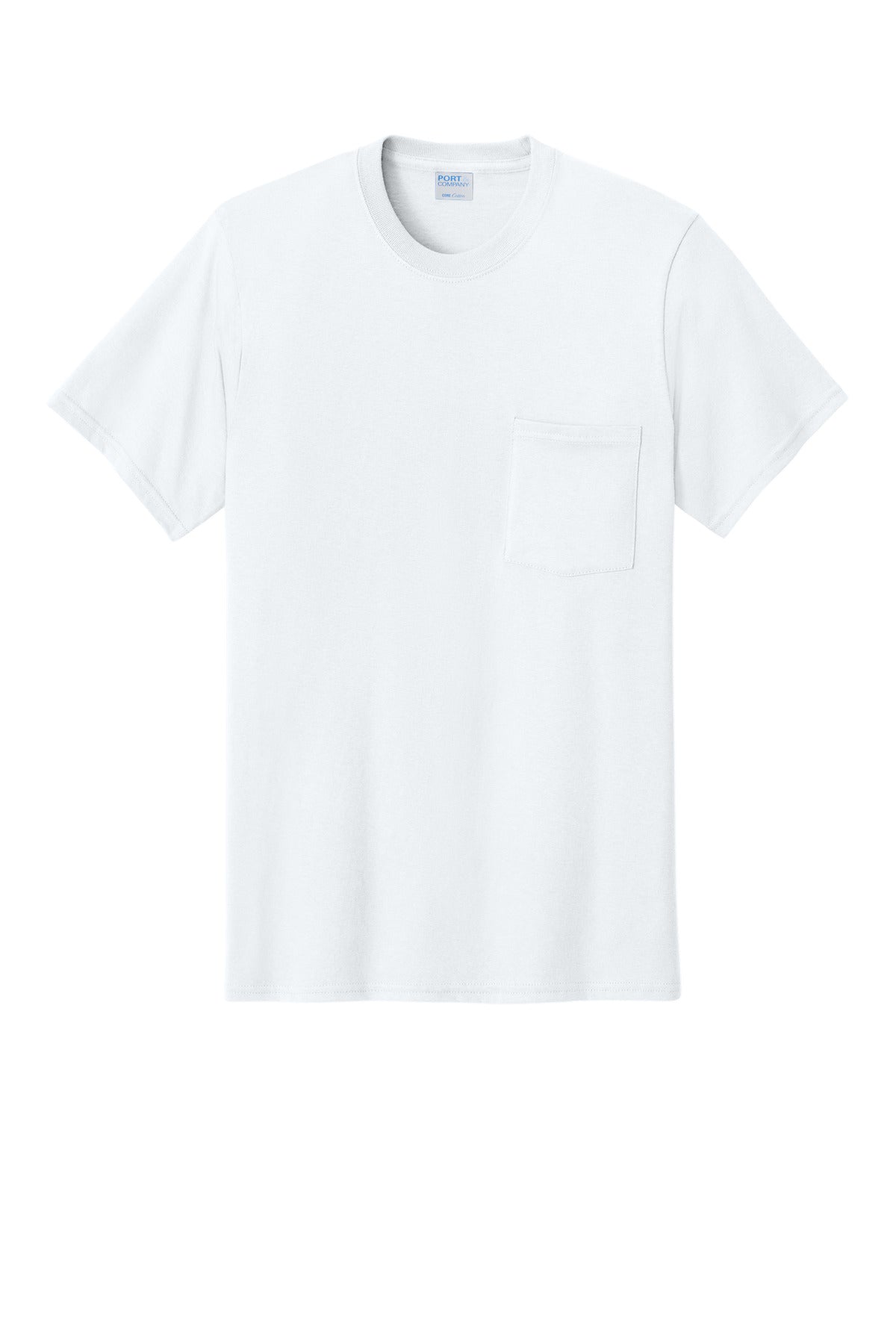 Front View of White Port & Co Core Cotton Pocket Tee. PC54P