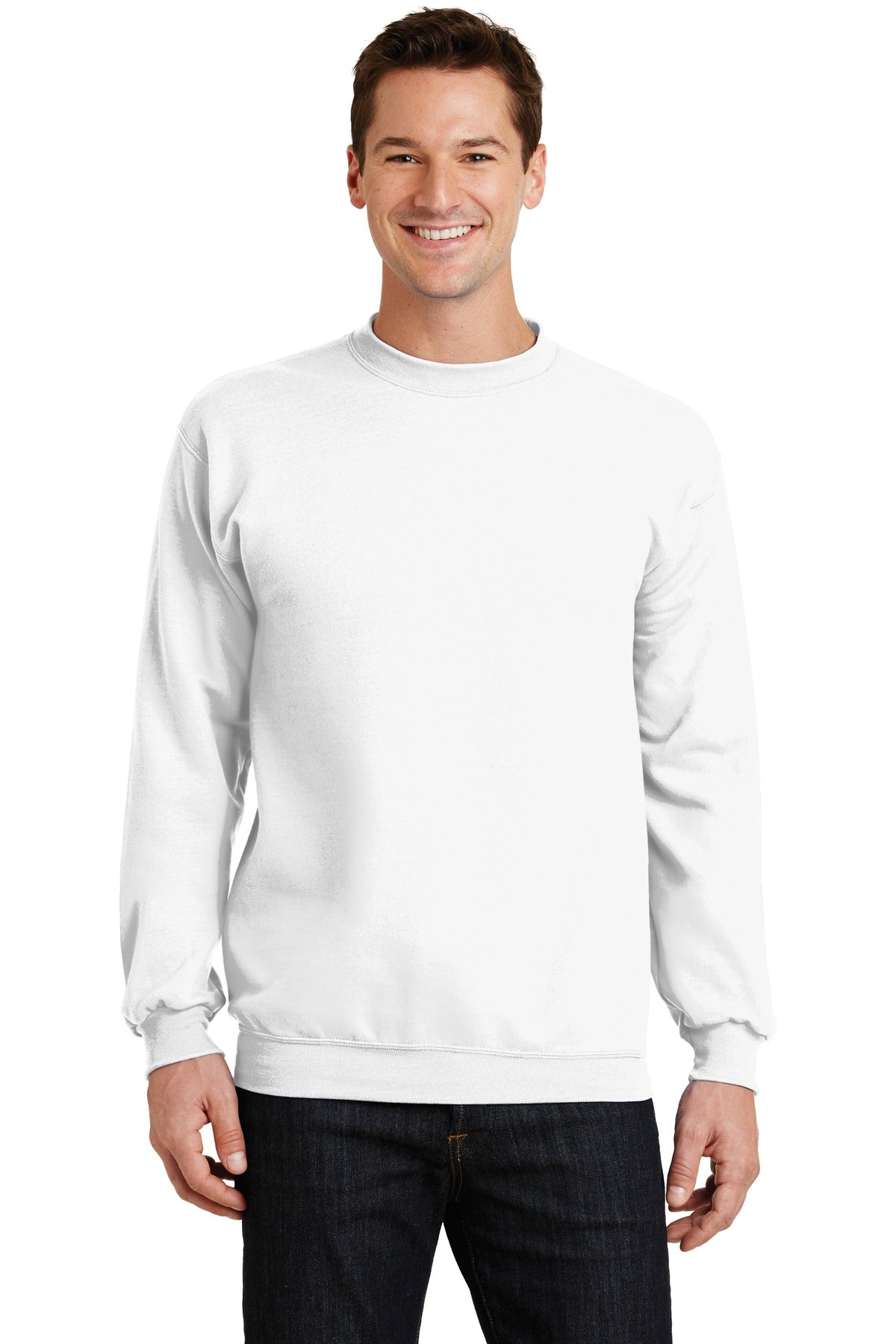 Front View of White Port & Co Core Fleece Crewneck Sweatshirt. PC78