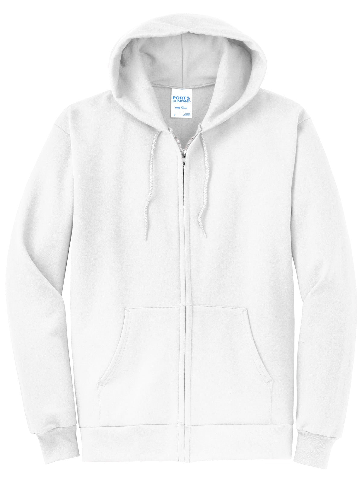 Front View of White Port & Co Core Fleece Full-Zip Hooded Sweatshirt. PC78ZH