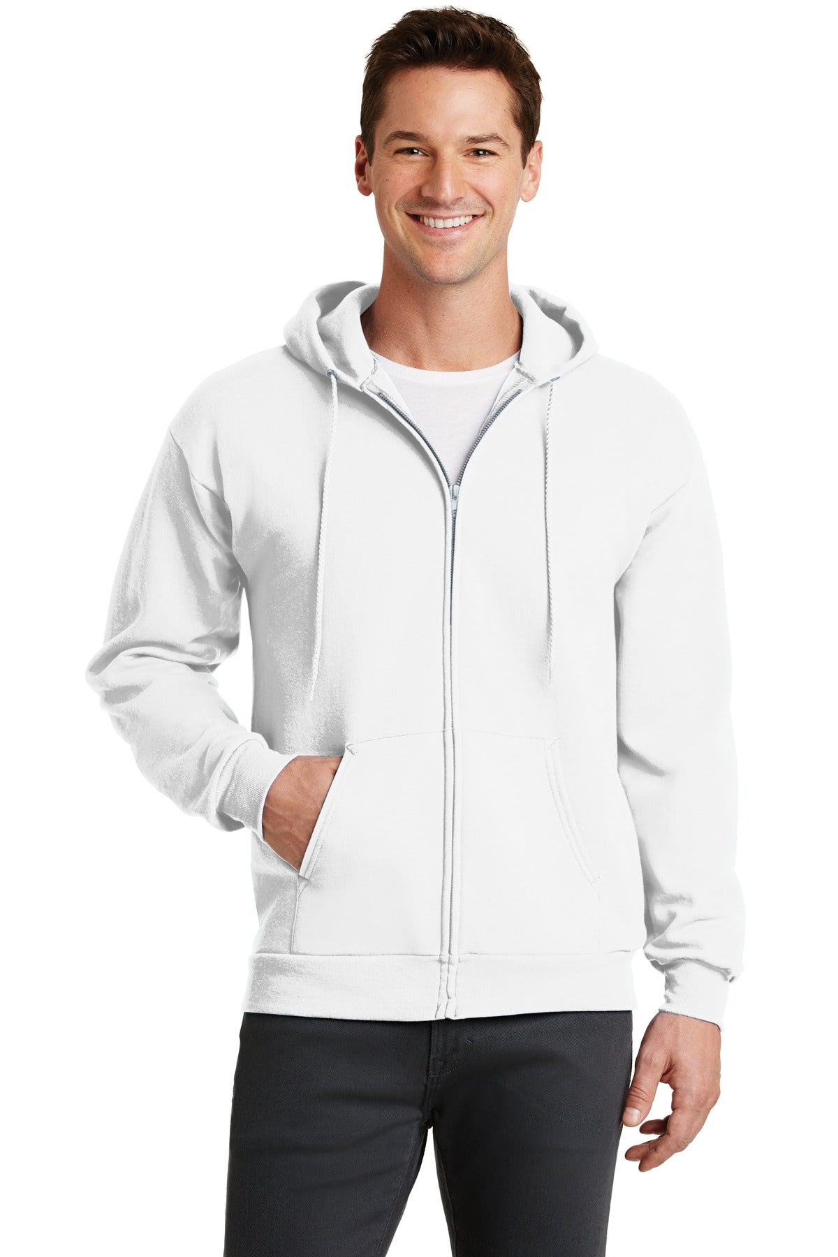 Front View of White Port & Co Core Fleece Full-Zip Hooded Sweatshirt. PC78ZH