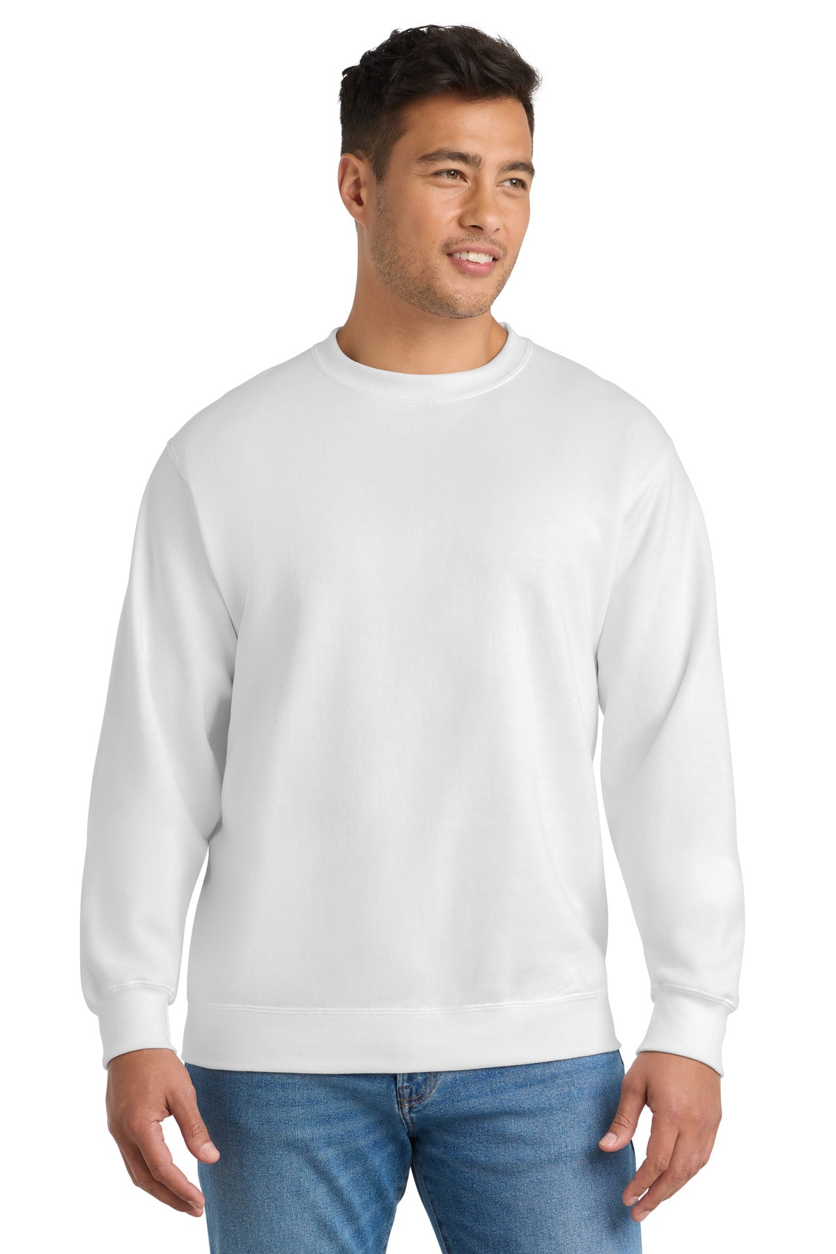 Front View of White Port & Co Essential Fleece Crewneck Sweatshirt. PC90