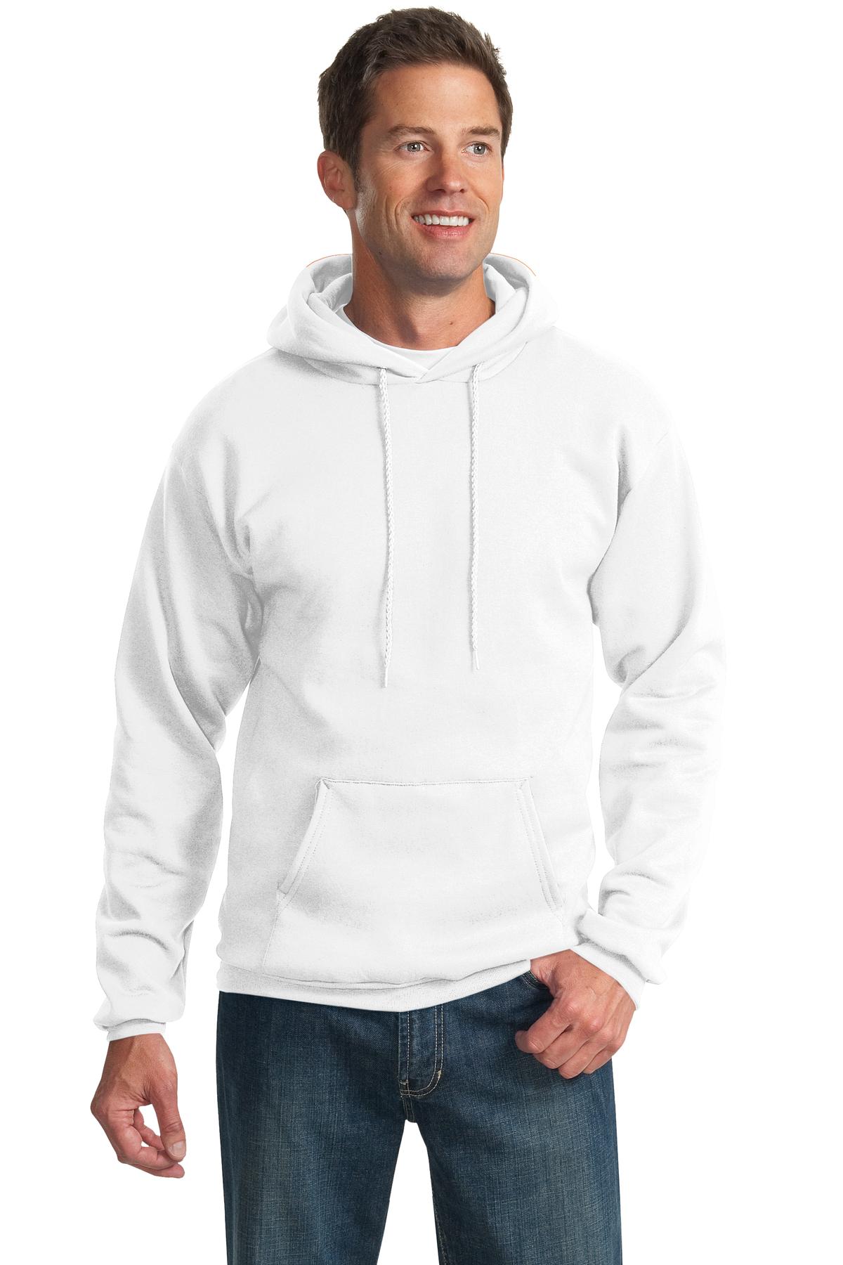Front View of White Port & Co Essential Fleece Pullover Hooded Sweatshirt. PC90H
