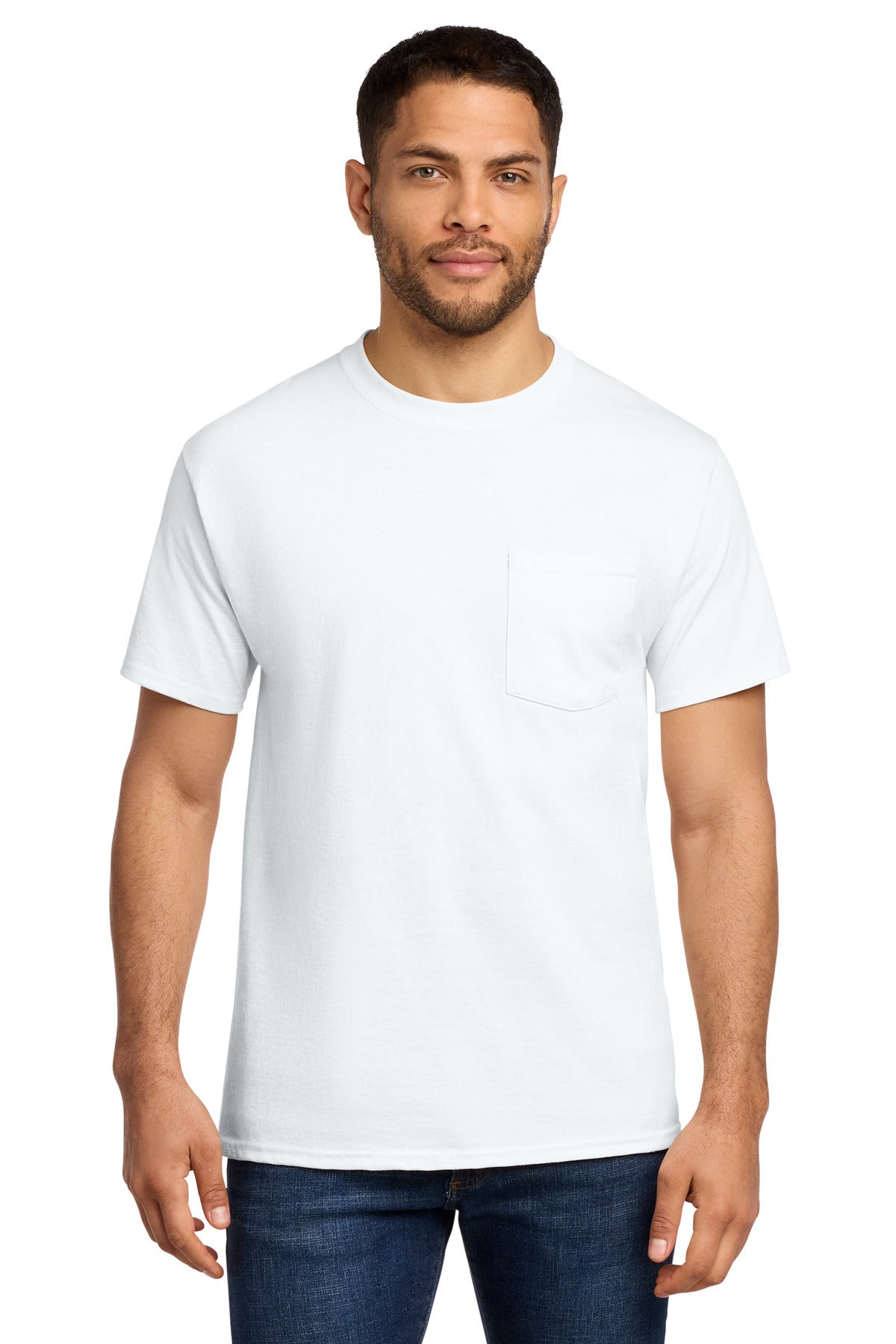 Front View of White Port & Co Essential Pocket Tee. PC61P