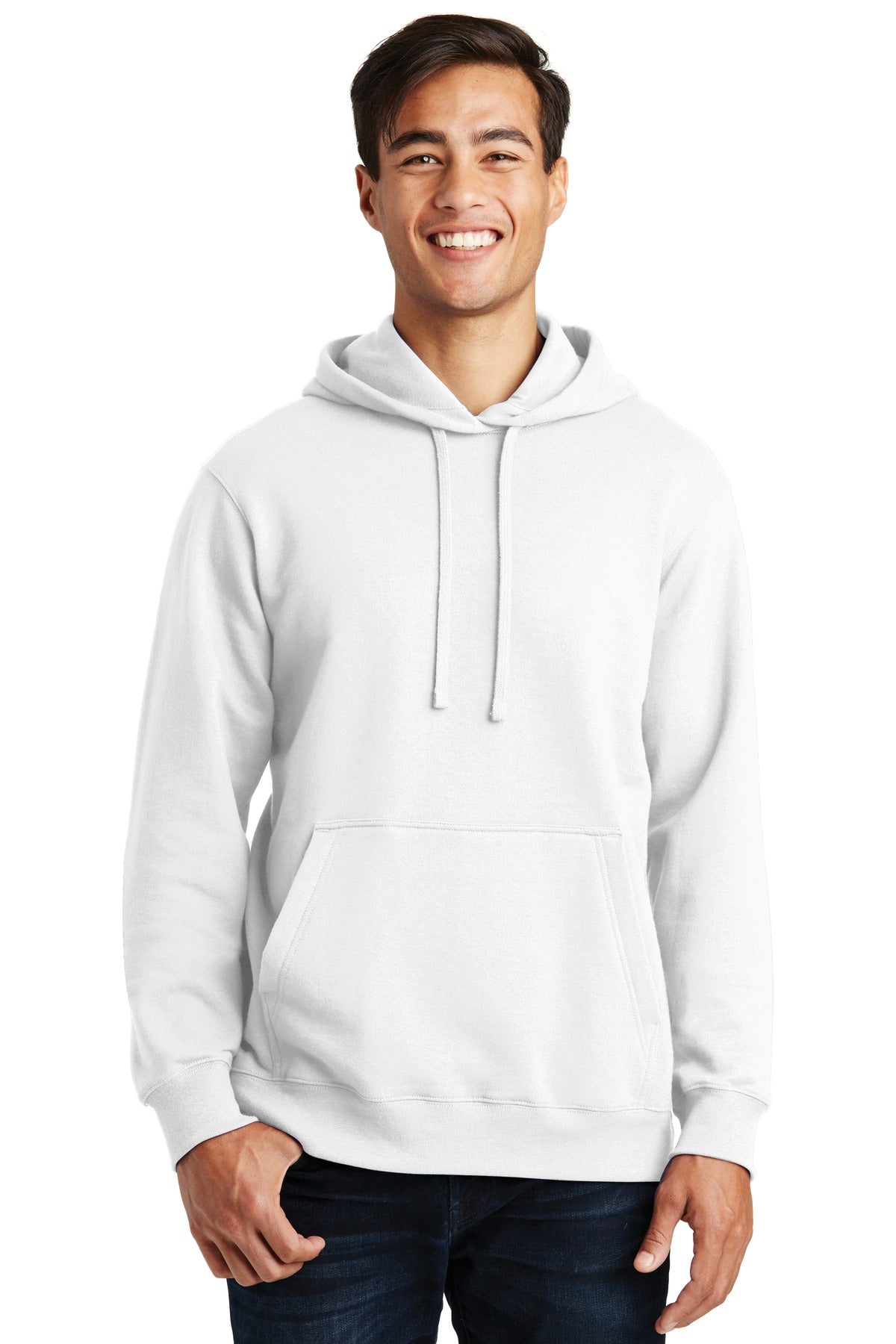 Front View of White Port & Co Fan Favorite Fleece Pullover Hooded Sweatshirt. PC850H