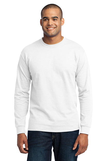 Front View of White Port & Co Long Sleeve Core Blend Tee. PC55LS